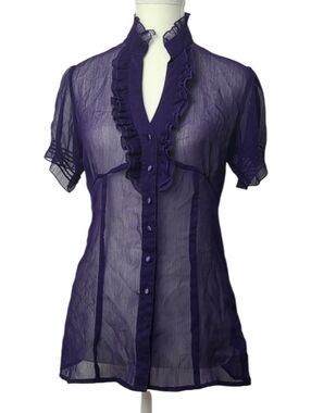 Vintage Seductions Sheer Purple Blouse Women’s Medium Ruffle Neck Short Sleeve